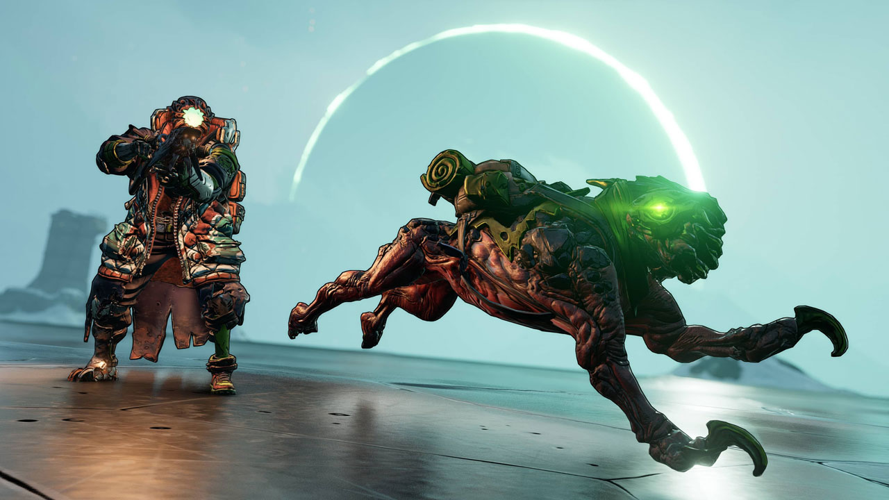 A character pointing his gun at a dog-like alien creature running away  