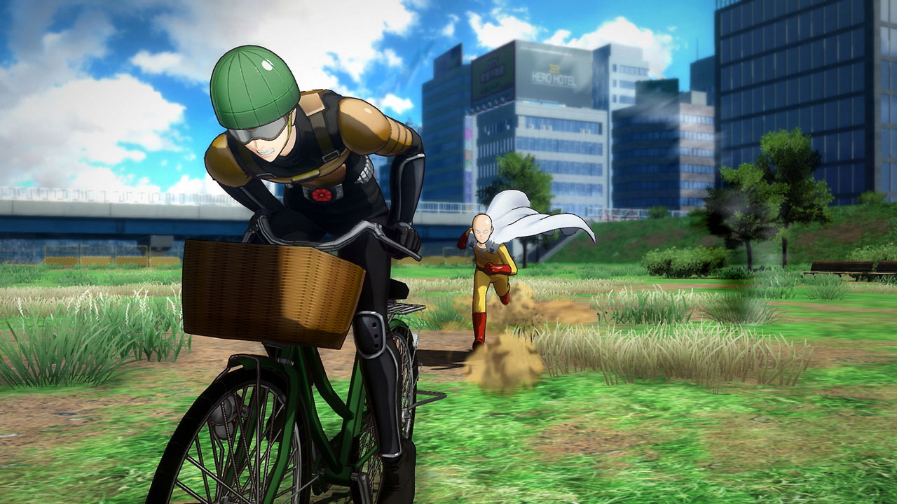  a character riding a bicycle, with another character chasing behind him   