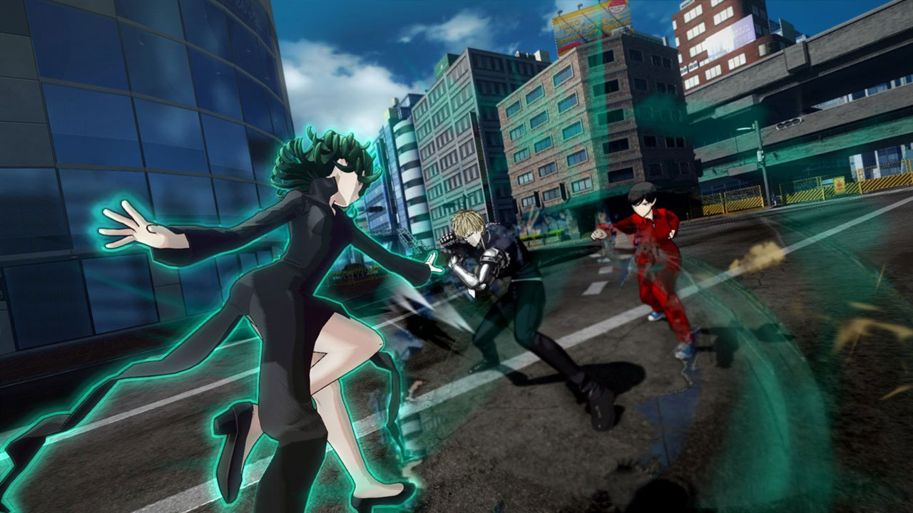  three characters fighting in a street lined with buildings   