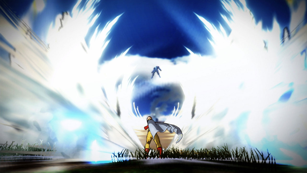  far view of two characters fighting on grass land, with one of them firing up powerful skill blowing the other one in the air   