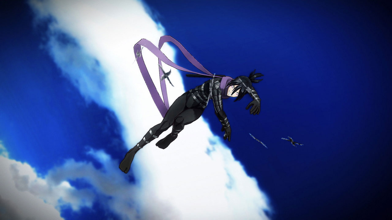  a female ninja character in the air firing up several darts   