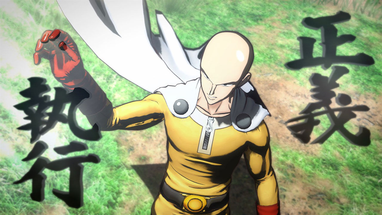   A character on grassland holding his hand high, with four Chinese characters around   