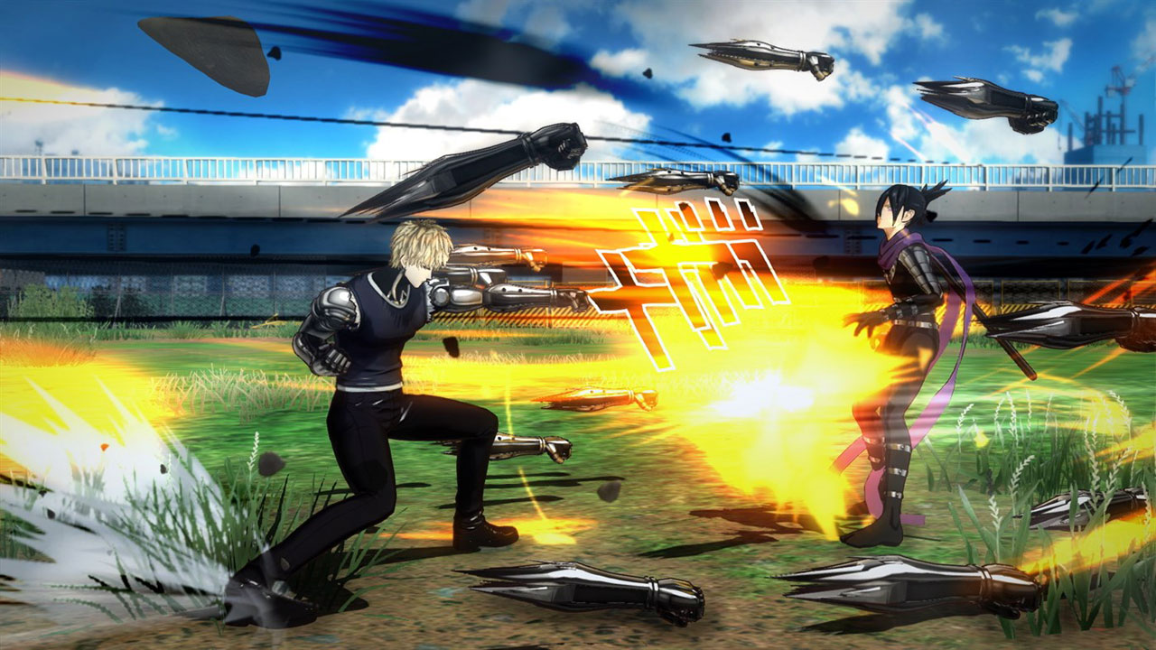   two characters fighting on grass land in front  