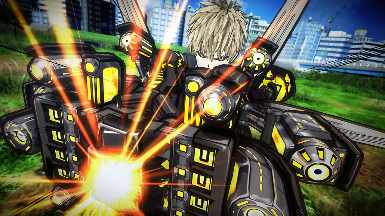   a character fighting using a robotic suit armed with powerful weapons  