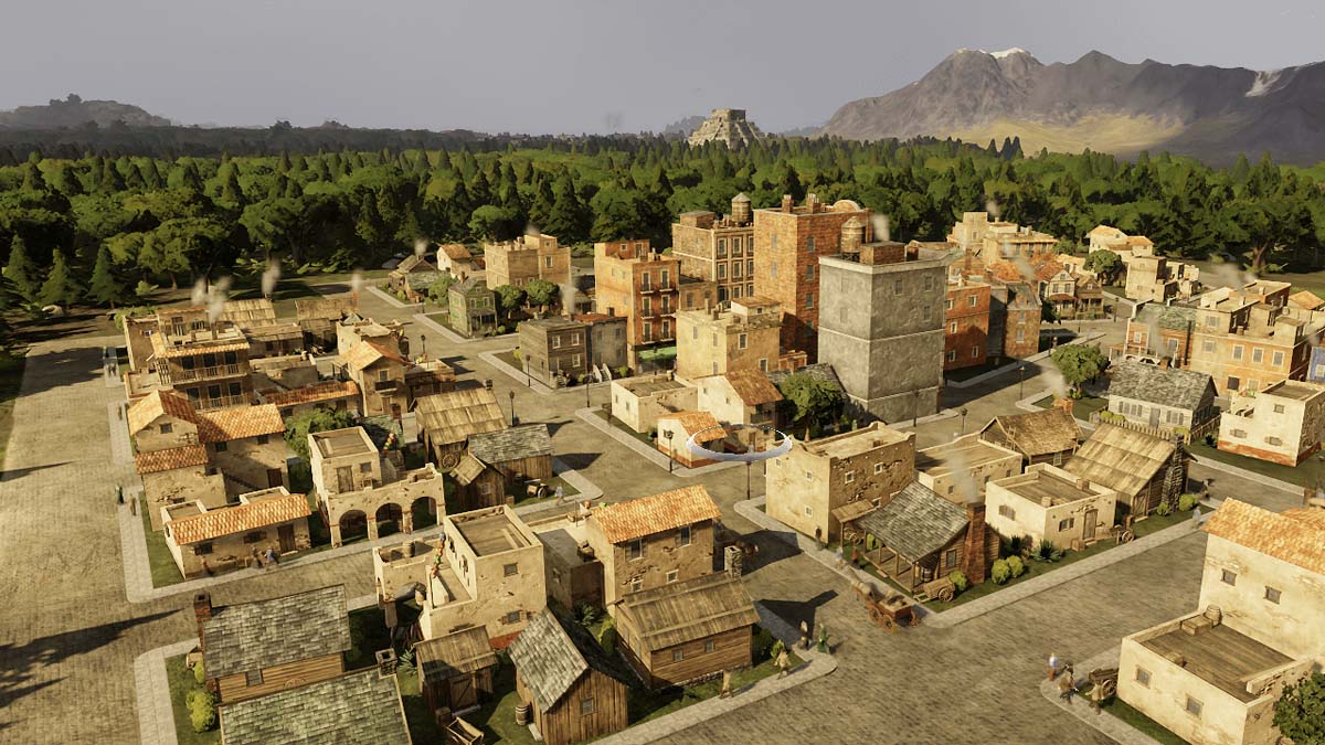 A Mexican Pueblo in a Forest Area with a Mayan Temple Ruin in the Distance
