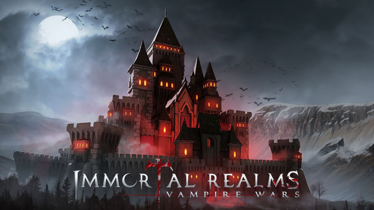 Immortal Realms: Vampire Wars main banner showing a castle in the moon light