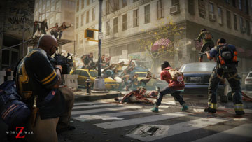 World War Z Screenshot Showing Combat in a New York City Intersection