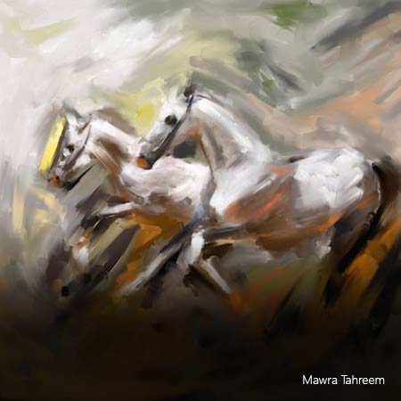 A watercolor painting of two running horses   