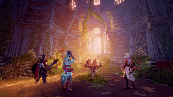 Trine Screenshot Characters Inside a Library with Foilage