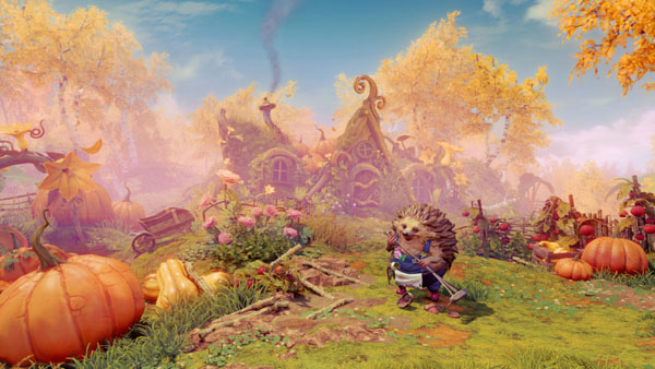 Trine Screenshot Showing a Raccoon Character at an outdoor pumpkin patch