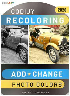  At the middle part of this picture are two cars side by side, with left one in Black and White and right one in color. Above are texts reading as “CODIJY Recoloring 2020”. Below are texts reading as “”Add & Change Photo colors”  