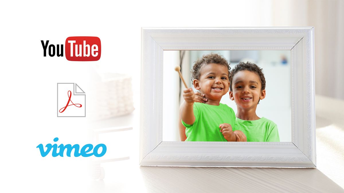 A photo frame of two boys together with YoutTube and vimeo icons