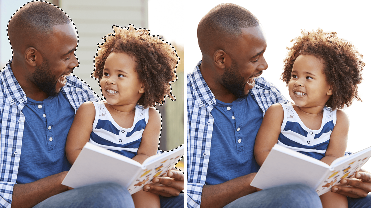 A comparison between two pictures. The pictures shows a father holding her daughter with a book in his hand and his daughter is looking at him. One picture has the two peple selected with the dotted line, while the other picture has background removed.