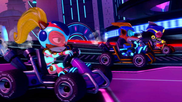 Crash Team Racing Screenshot Showing Futuristic Racers and Track