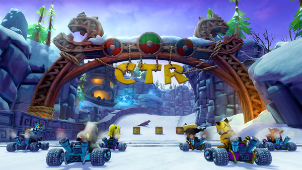 Crash Team Racing Screenshot Showing Snowy Rocky Mountain Track