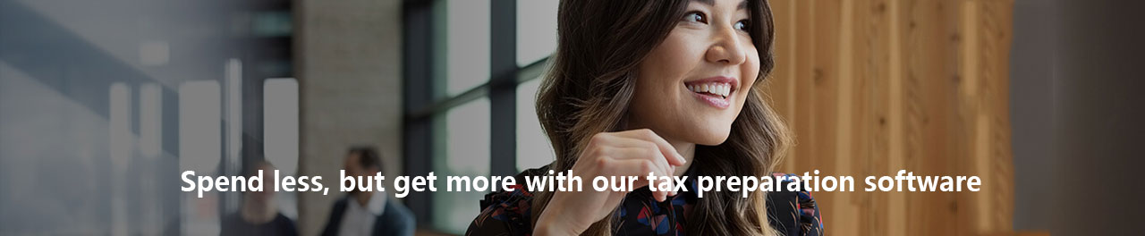  A female looking to right side, with a smile on her face. At bottom are texts reading as “spend less, but get more with our tax preparation software”  
