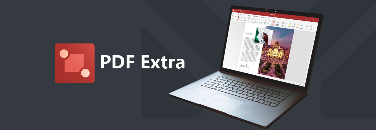  Icon for PDF Extra with texts reading as “PDF Extra”. Next to them on the right is a front view of a laptop facing slightly to the left, with screen running this software 