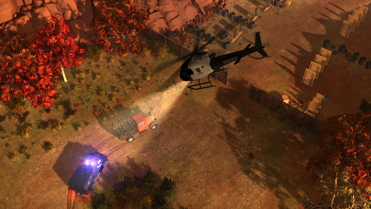 screenshot1 for American Fugitive showing a helicopter shining light on a truck being chased by an armored van