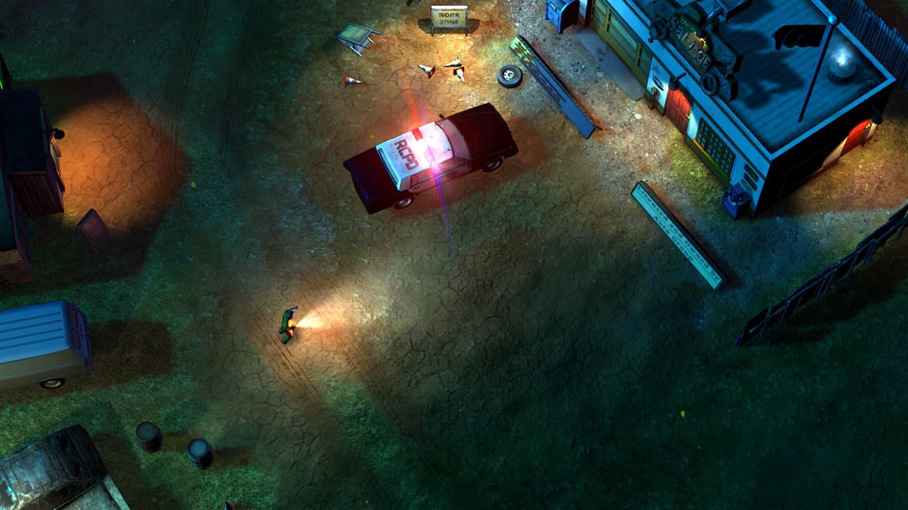 screenshot2 for American Fugitive showing a flashing police car and man approaching from behind with a lit flashlight