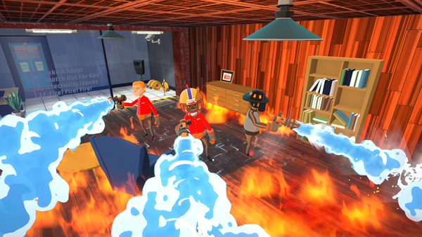 Three firefighters are dousing fire with water in a room.