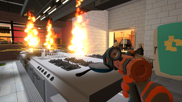 A firefighting gun is on display against a kitchen on fire backdrop