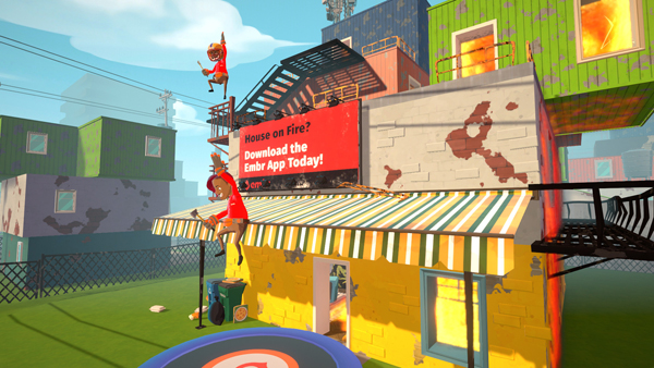 A man is jumping from upstairs and a man is jumping from a canopy.