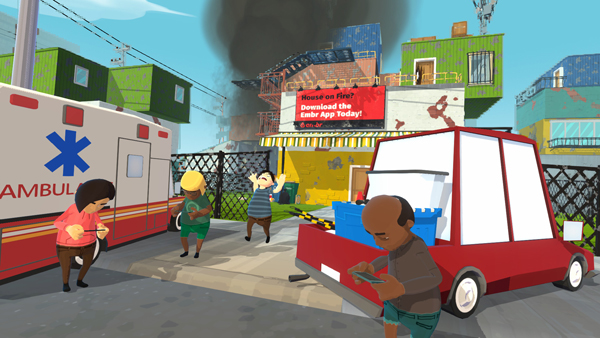 Three people are checking their phones while a man is running toward them.