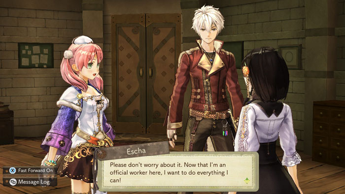 screenshot1 for Atelier Escha and Logy: Alchemists of the Dusk Sky DX showing characters having dialogue