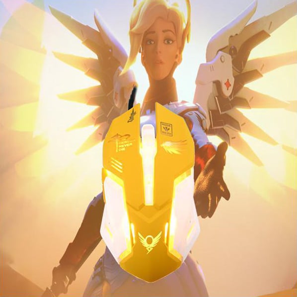 The mouse is illuminating against a Mercy special design backdrop