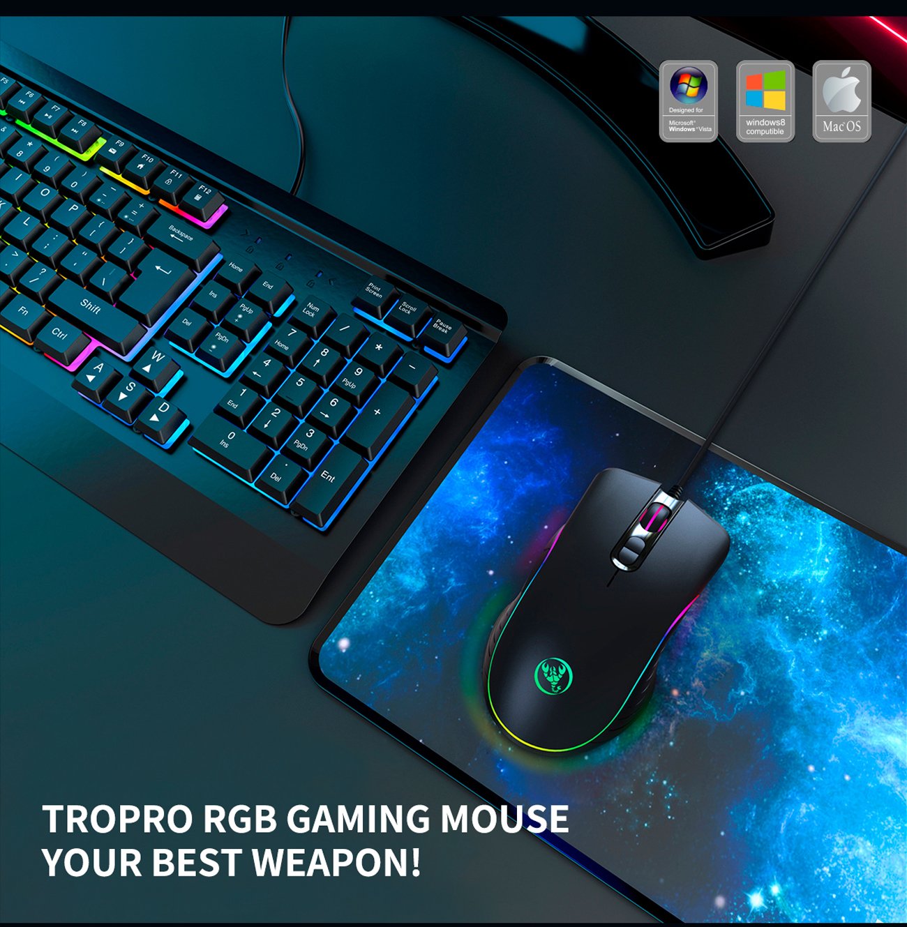 TROPRO Programmable RGB Gaming Mouse, 6 DPI (1000/1600/2400/3200/4800/6400)  96g Ultra Lightweight Honeycomb Optical LED Wired Mouse with Programmable 6  Keys RGB Marquee Effect Light 