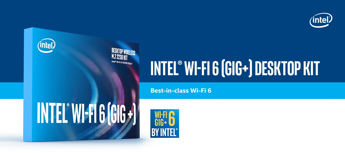 Hero banner: The box image of Wifi 6 Desktop Kit. Right beside it is the text which says 'Intel Wi-Fi 6 Desktop Kit'