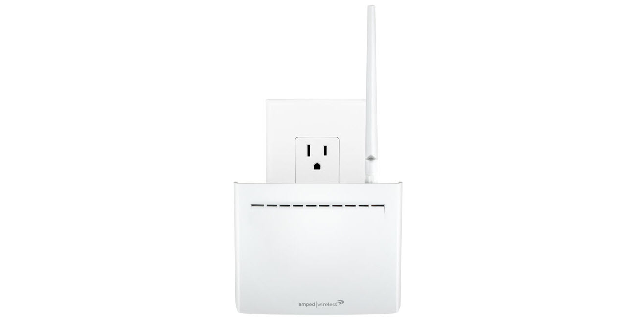 Amped Wireless REC33A-CA Range Extender plugged into an outlet, facing forward