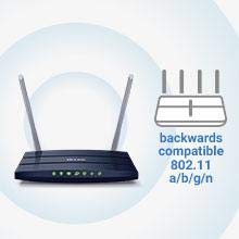 TP-Link Archer C50 with Wireless Signal Graphics, a Diagram of the Router and Text That Reads: Backwards compatible 802.11 a/b/g/n