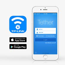 White iPhone with the Tether App Login Screen, Next to Logos for TP-Link, Apple App Store and Google Play Store