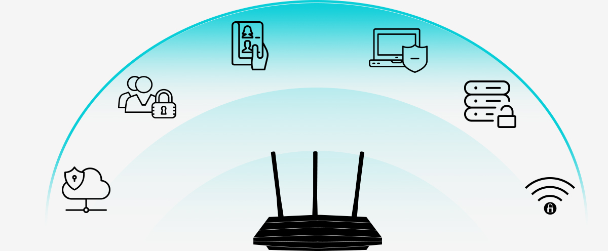 Archer A9 router facing forward above a half wheel of icons for cloud security, user security, contact security, device security, networking security and storage security