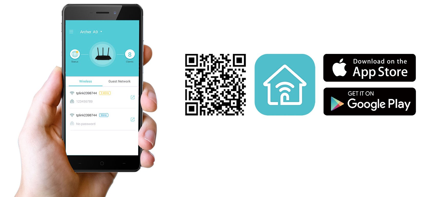 A hand holding up a smartphone with the Tether app open next to a QR code, home wi-fi icon and download on the app store + get it on google play badges