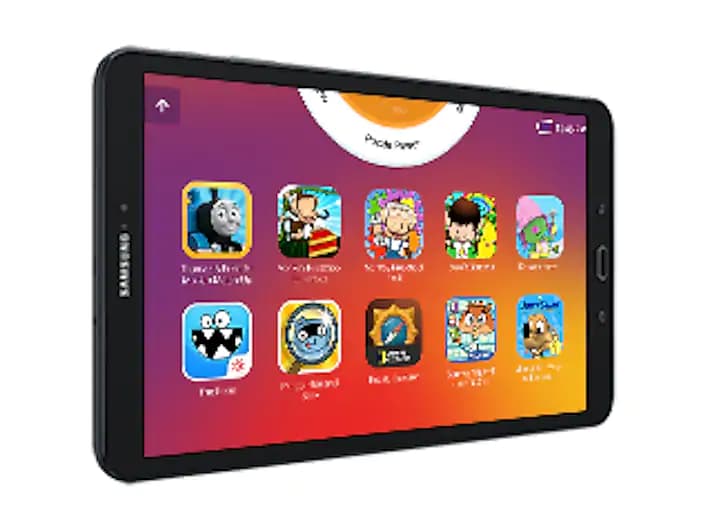 kids apps on a Samsung Galaxy Tab A lying down in landscape mode, angled to the right