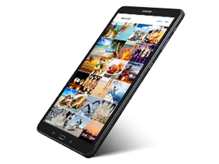 Samsung Galaxy Tab A with the Photos App Open, Angled to the Left Facing Up