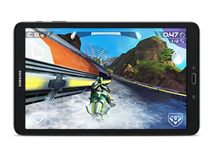Samsung Galaxy Tab A in Landscape Mode, Showing a Water Racing Video Game