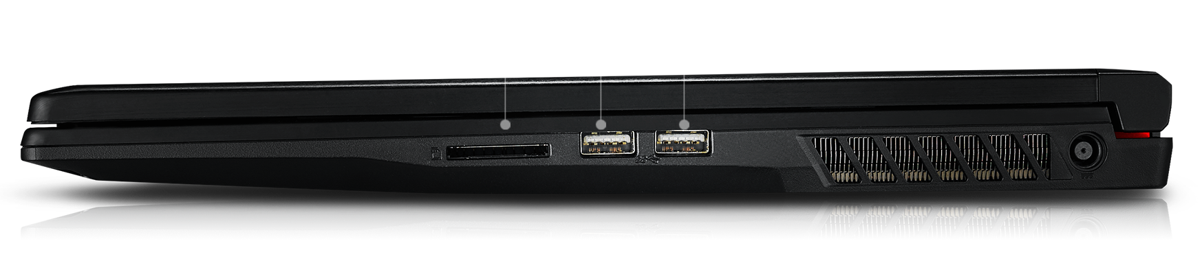 MSI Gaming Laptop Facing to the Side Showing Its SD (XC/HC) and two USB 3.1 ports