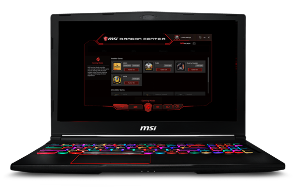 MSI Gaming Laptop Open and Facing Forward with the MSI Dragon Center on Screen