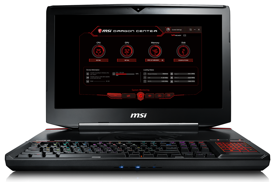 Open MSI Gaming Laptop Facing Forward with MSI Dragon Center Software Window Open