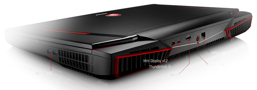 MSI Gaming Laptop Angled Away to the the Left with text pointing out two USB 3.1 ports, mini DisplayPort v1.2, Thunderbolt 3, HDMI, Killer LAN and AC Power