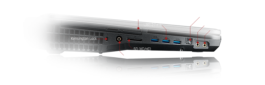 MSI Gaming Laptop Side Shot with Text Pointing out: Kensington Lock, HiFi Headphone Out, SD (XC/HIC), Blu-ray Drive, Three USB 3.1 Ports, Optical SPDIF Out, Headphone Out and Mic In