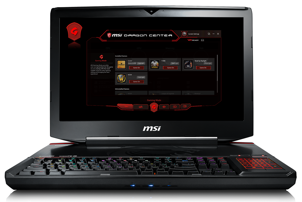 MSI Gaming Laptop Open and Facing Forward with MSI Dragon Center On Screen