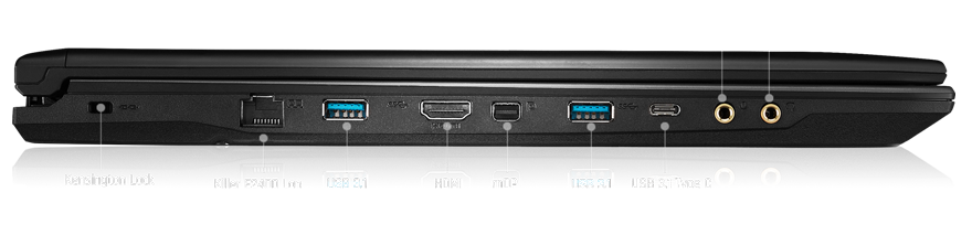 MSI Gaming Laptop Closed, Facing to the Right, with text and graphics pointing out the kensington lock, killer e2400 lan ethernet port, two usb 3.1 ports, hdmi port, mini displayport port, usb 3.1 type-c port, headphone out and mic in ports