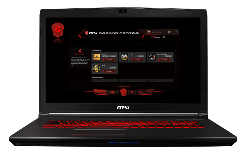 MSI Gaming Laptop Open, Facing Forward with the MSI Dragon Center Open On Screen