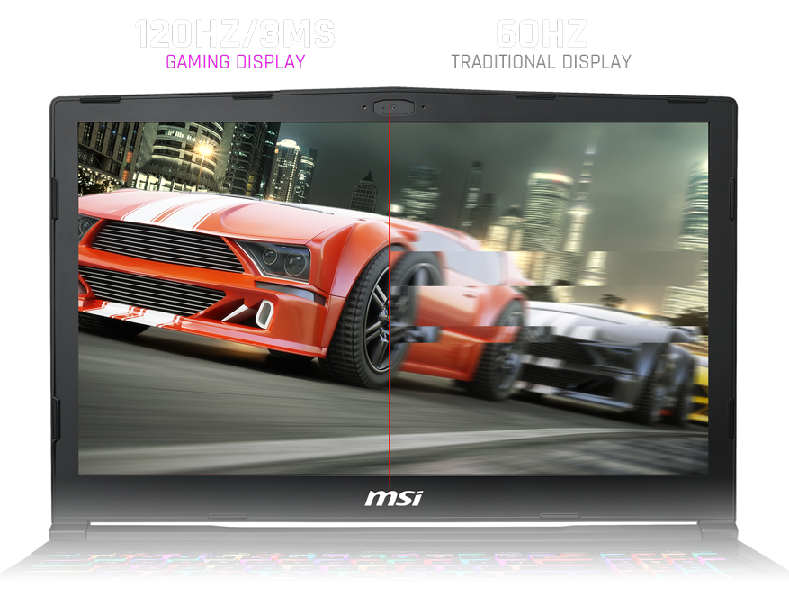MSI Gaming Laptop Screen Facing Forward, Showing Cars Racing Through a City Street at Night, Above the Display is 120HZ/3MS GAMING DISPLAY - 60HZ TRADITIONAL DISPLAY