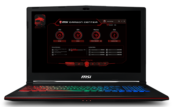 MSI Gaming Laptop Open and Facing Forward with MSI Dragon Center Software on Screen