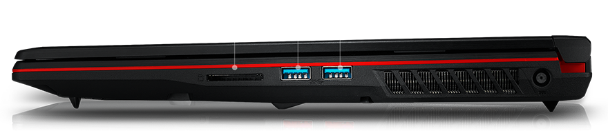 MSI Gaming Laptop Closed, Facing to the Left with text and graphics pointing out SD (XC/HC) and two USB 3.1 ports